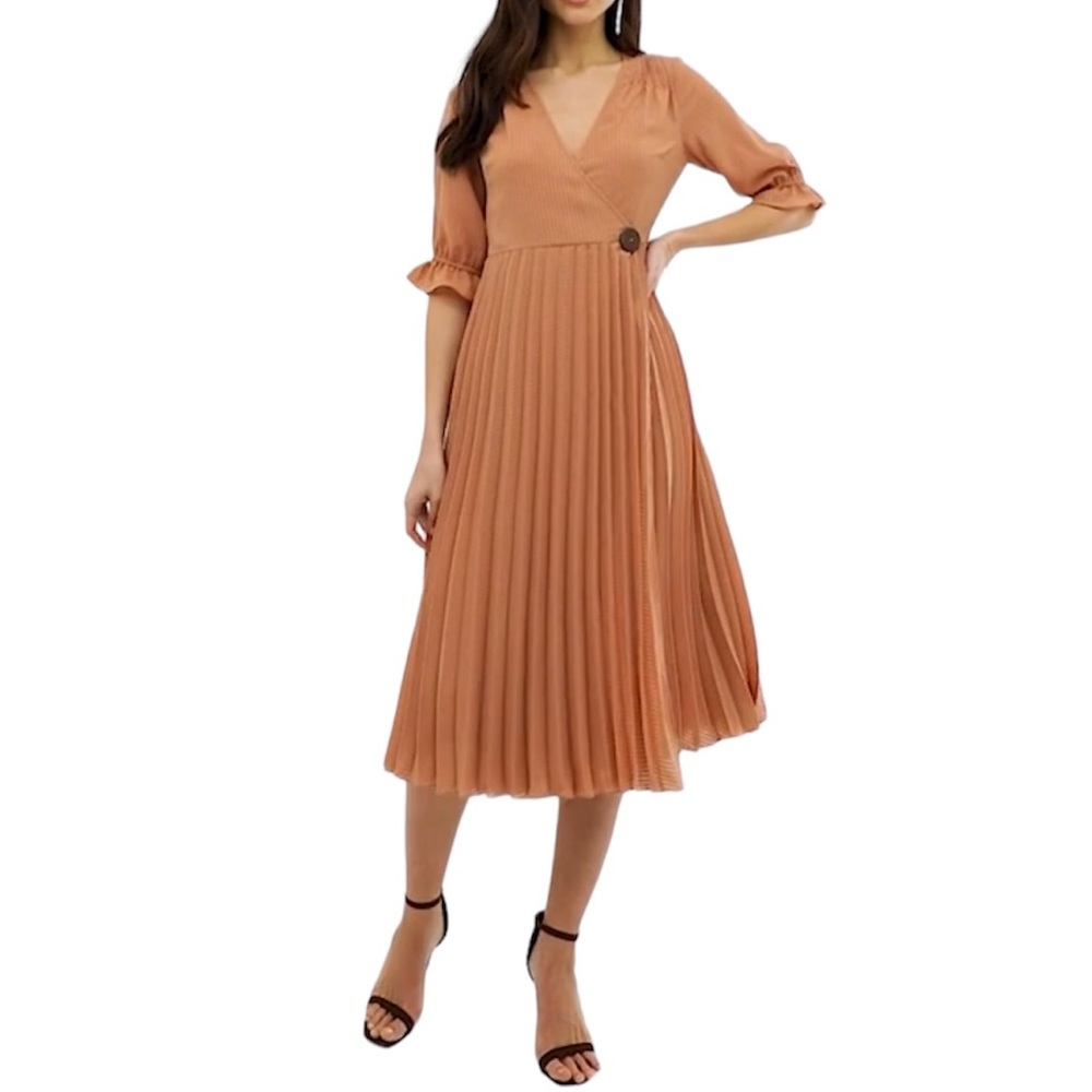ASOS DESIGN Pleated In Self Stripe With Coconut Button Peach Wrap Midi Dress  10